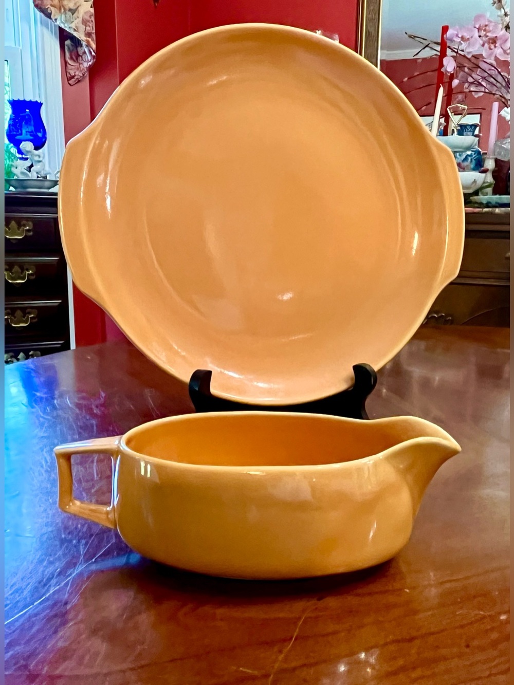 VTG Mid Century Modern Peach Gravy Boat & Round Platter Set, ‘50s Solid Pastel